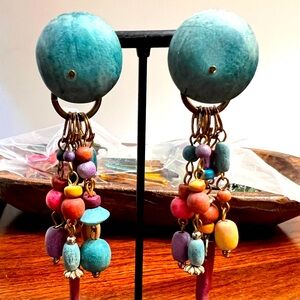 Vintage multicolored wood dangle drop earrings